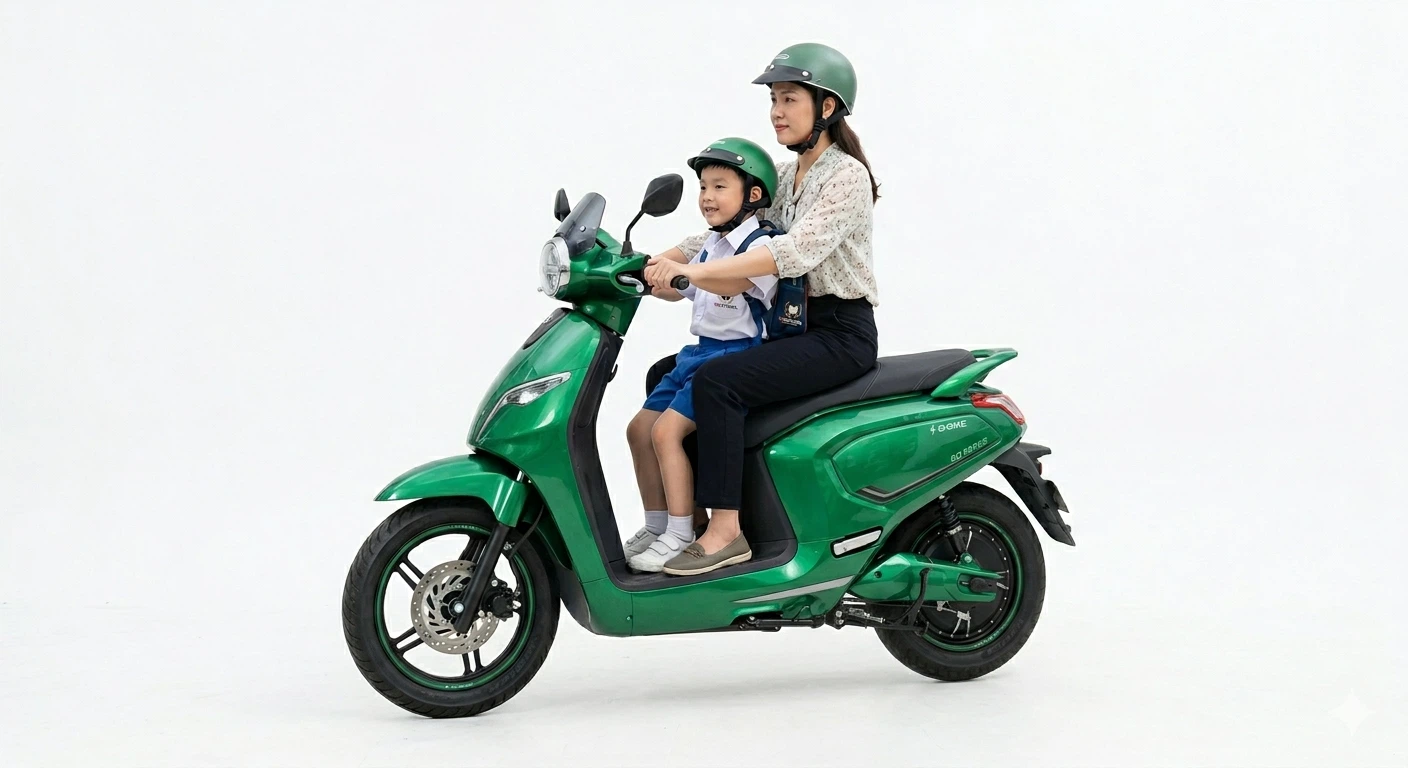 Mẹ chở con đi học bằng xe máy điện